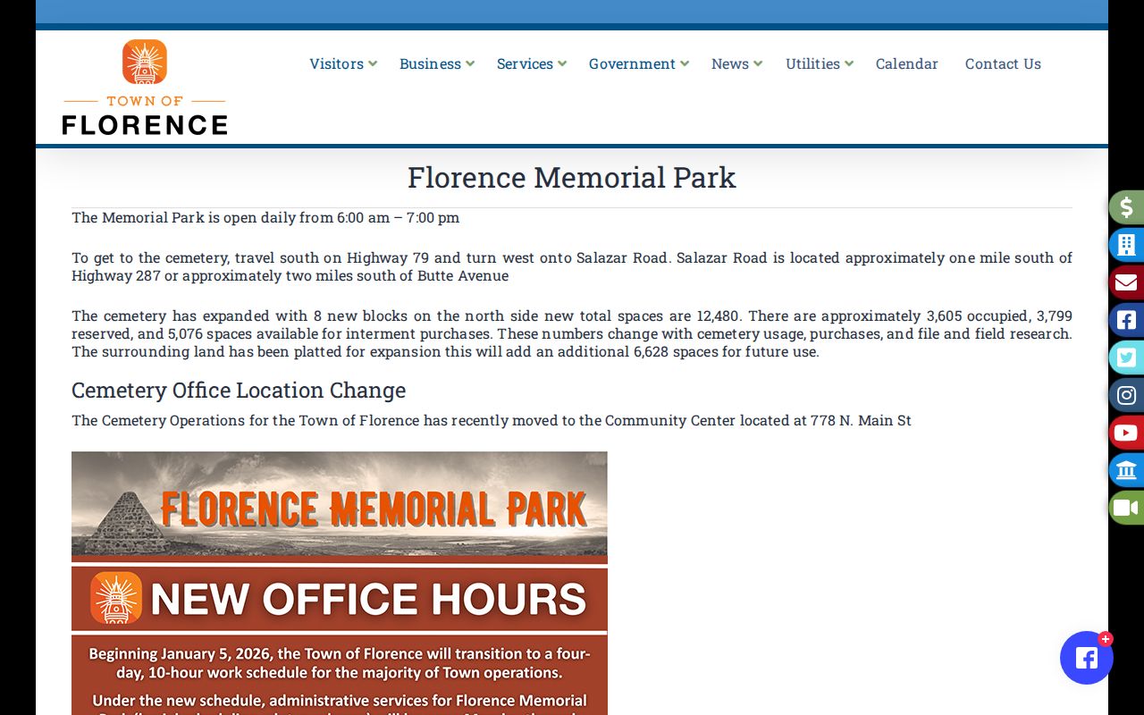 Florence past residents Memorial Park records and maps