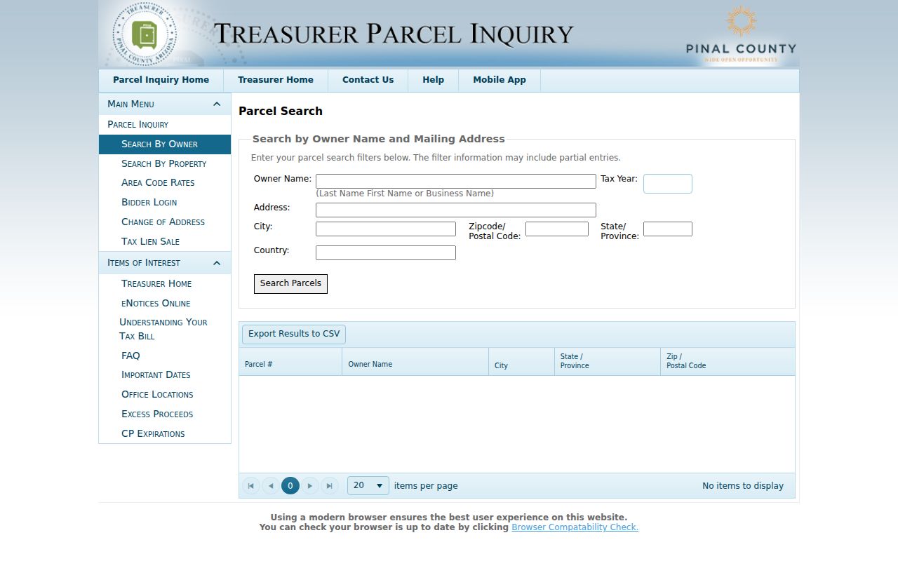 Florence street records in Pinal Treasurer parcel mailing search